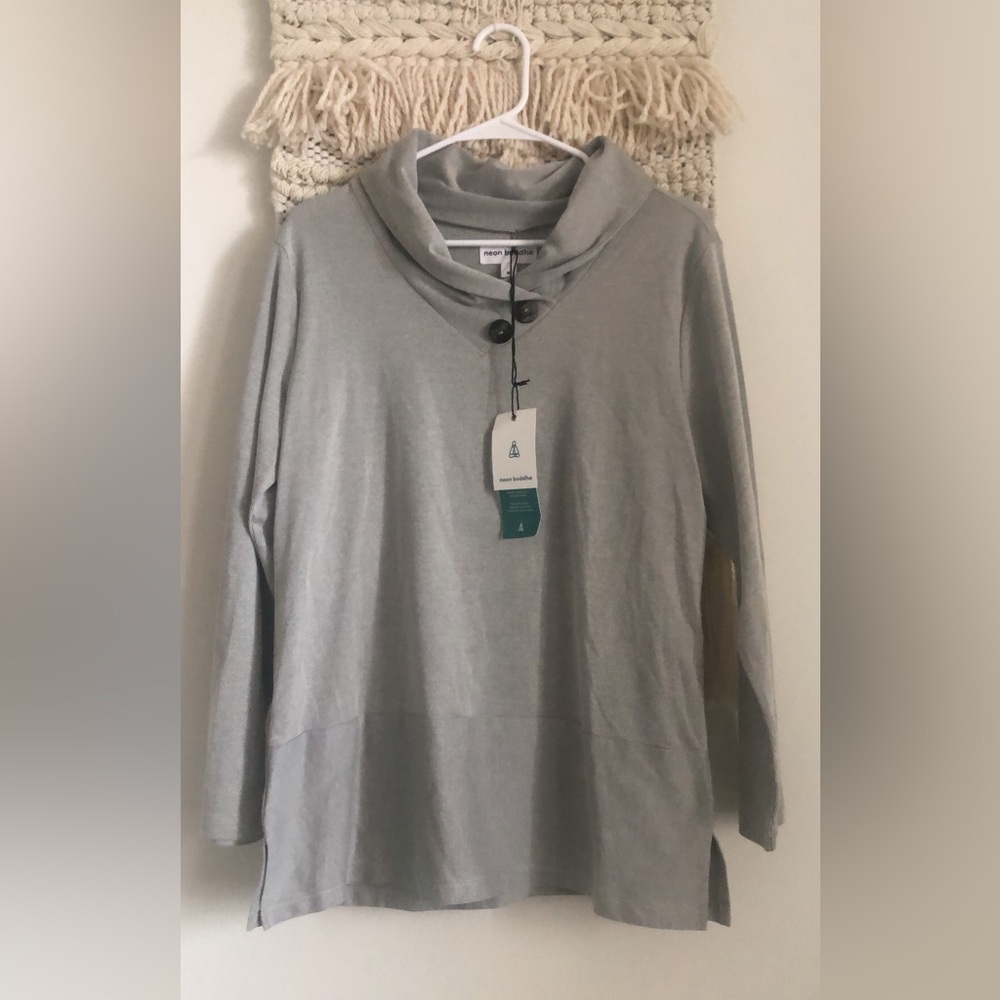 NWT Neon Buddha Cowl Neck Button Tunic Top Gray Striped Asphalt Medium Pure&Co